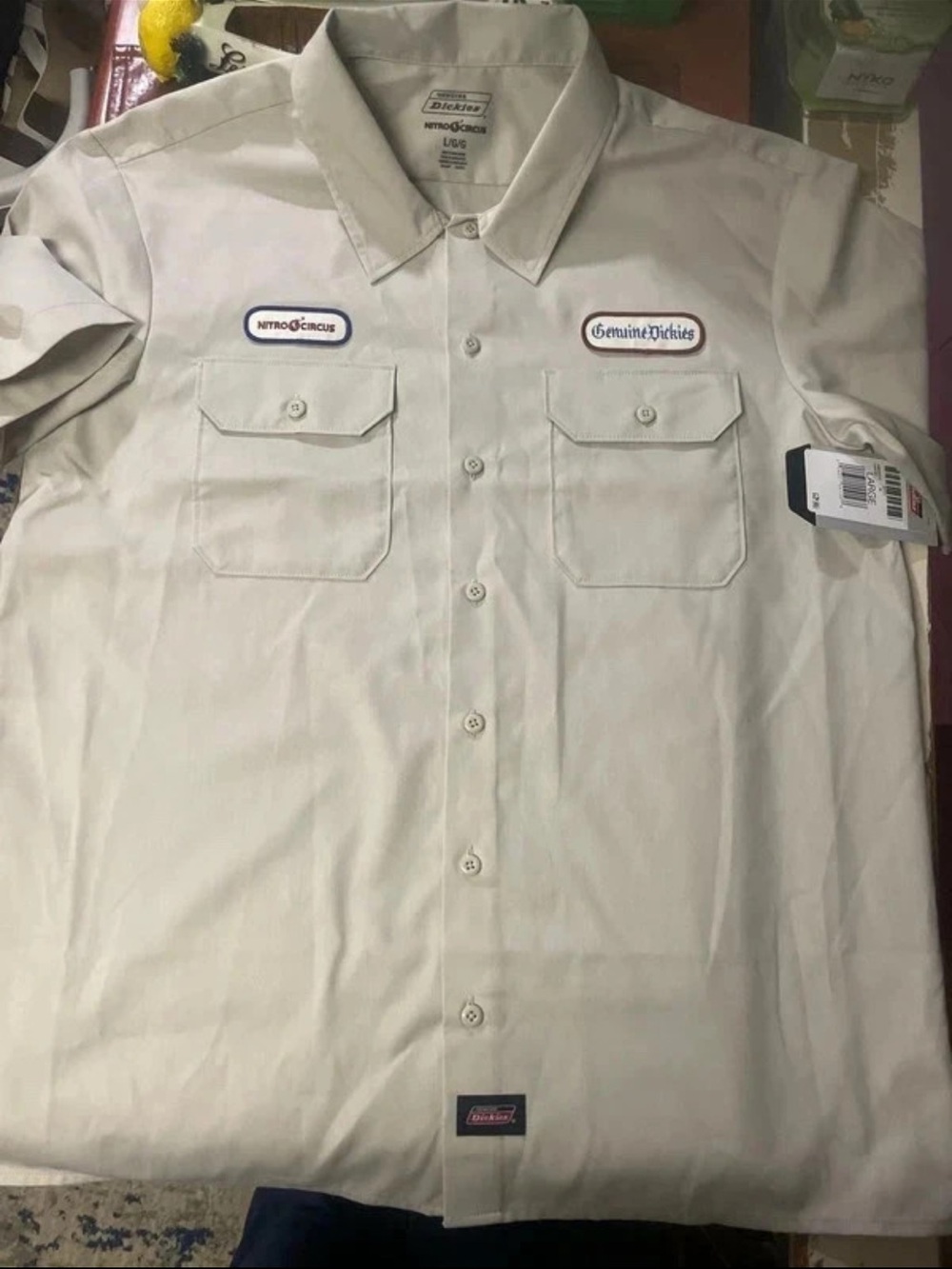 Dickies Beige Short-Sleeve Work Button-Down Shirt with Patch Logos
